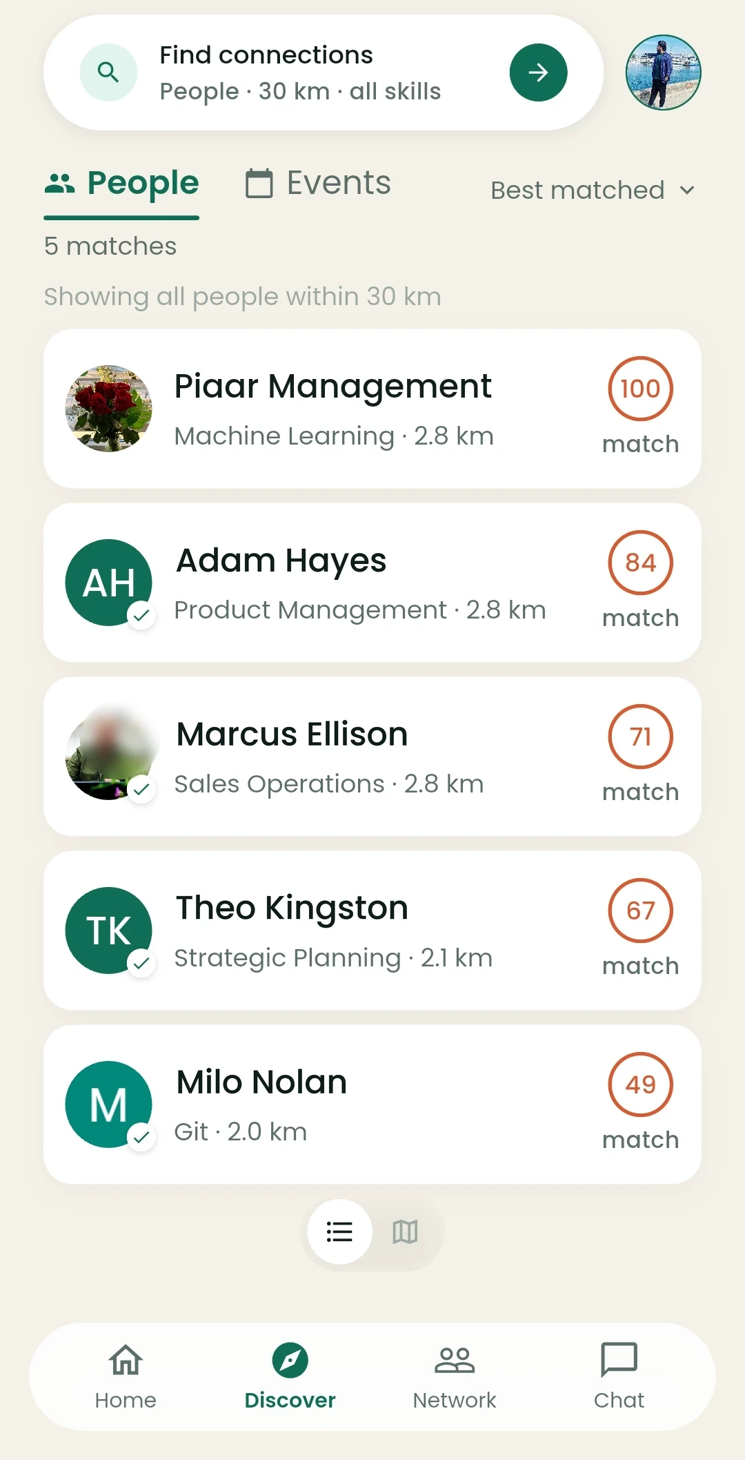 Piaar app showing nearby skill matches