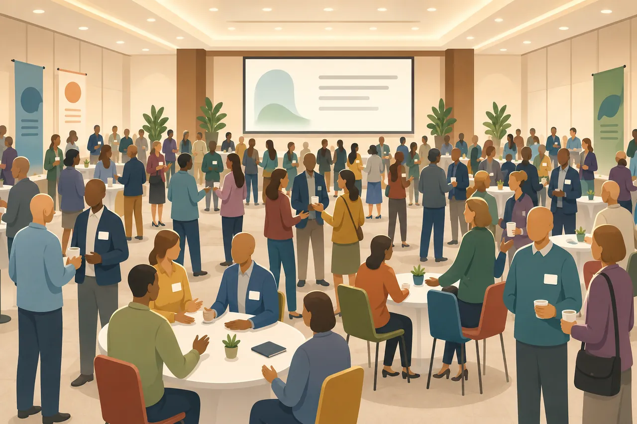 A crowded conference hall where every attendee wears a blank name badge