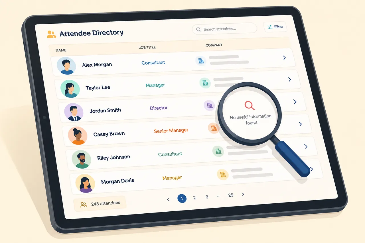 An attendee directory of generic job titles, with a magnifier reading ‘No useful information found’