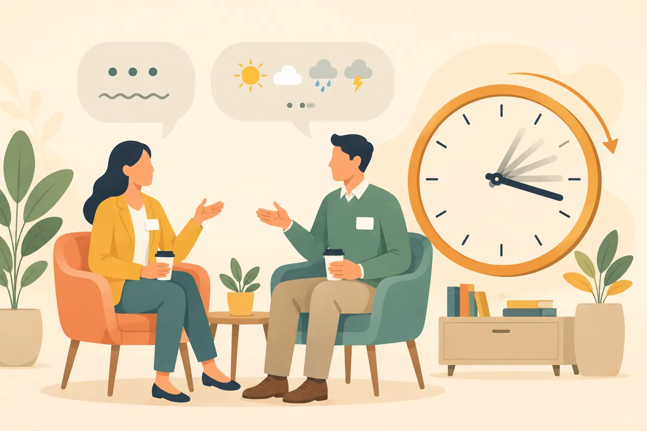 Two people talking, their speech bubbles full of weather symbols, beside a clock spinning forward